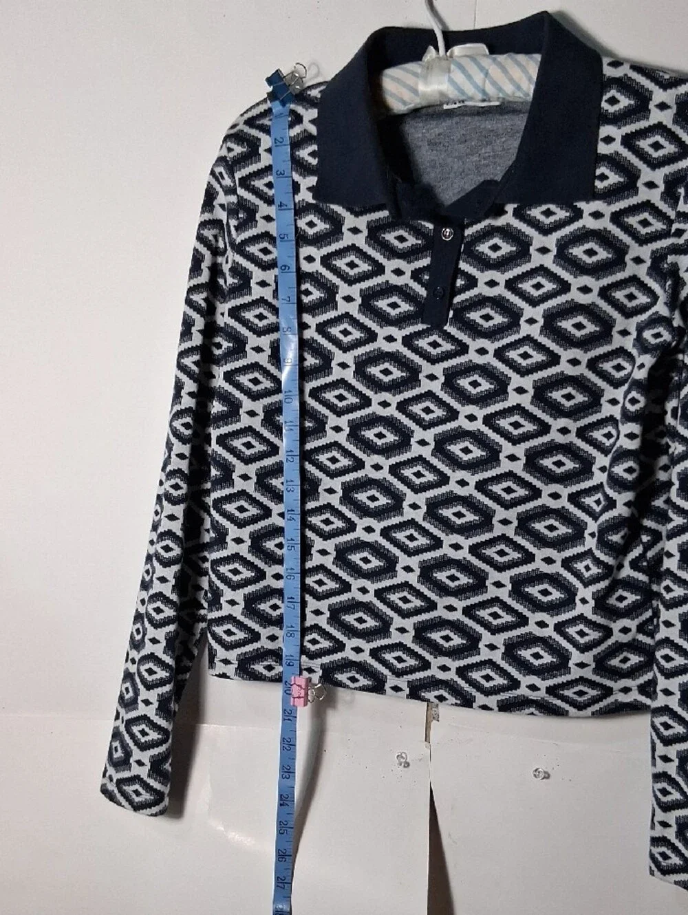 Zara Navy and White Geometric Long Sleeve Polo